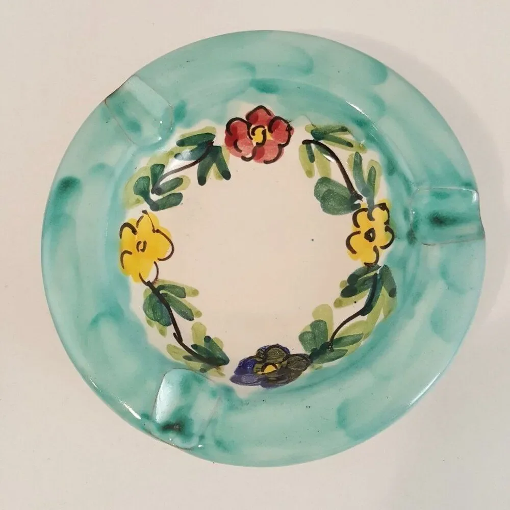Vietri Store Dip A Mano Ceramic 4” Ashtrays Italy Floral Blue Green New Pottery